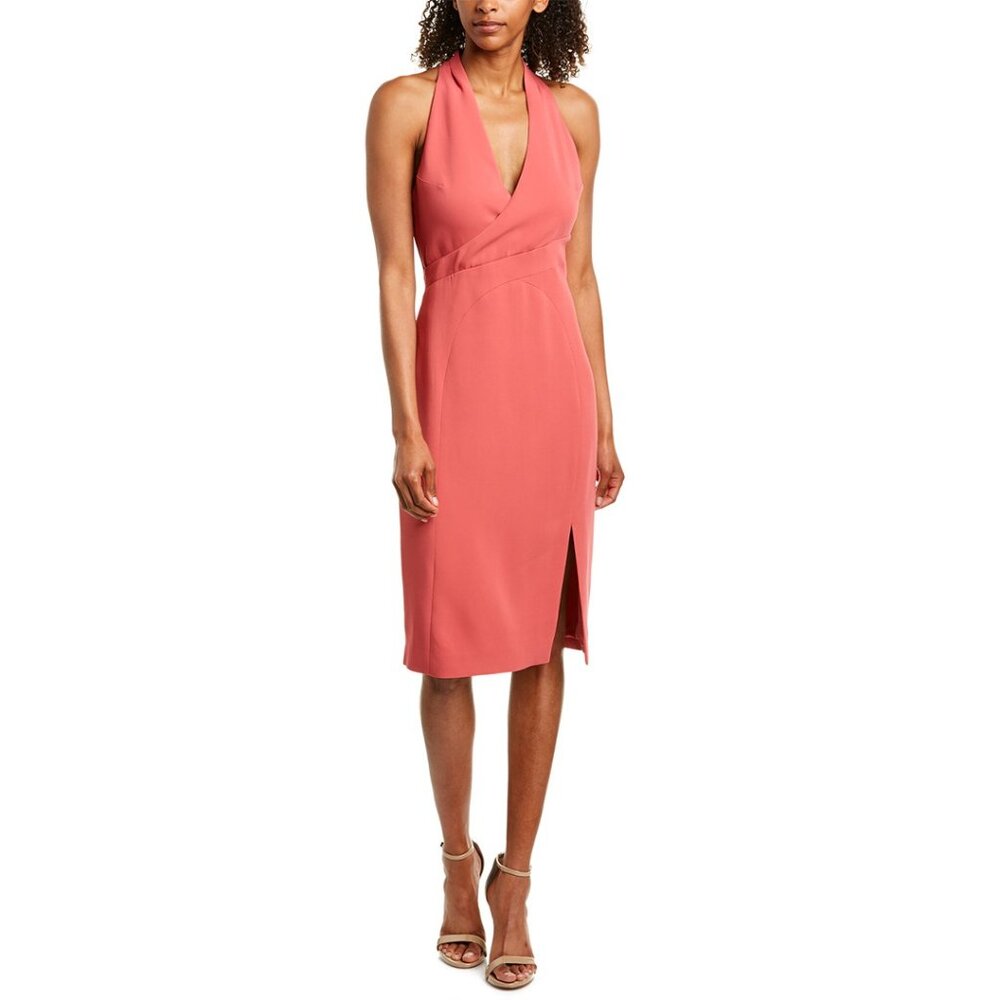 Reiss Abriana Dark Coral Halter Neck Sleeveless Draped Front Elegant Midi Dress